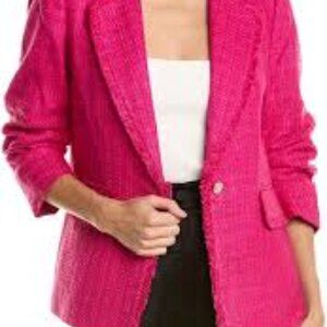 Anne Klein Scrunch-Sleeve Tweed Fringe Jacket